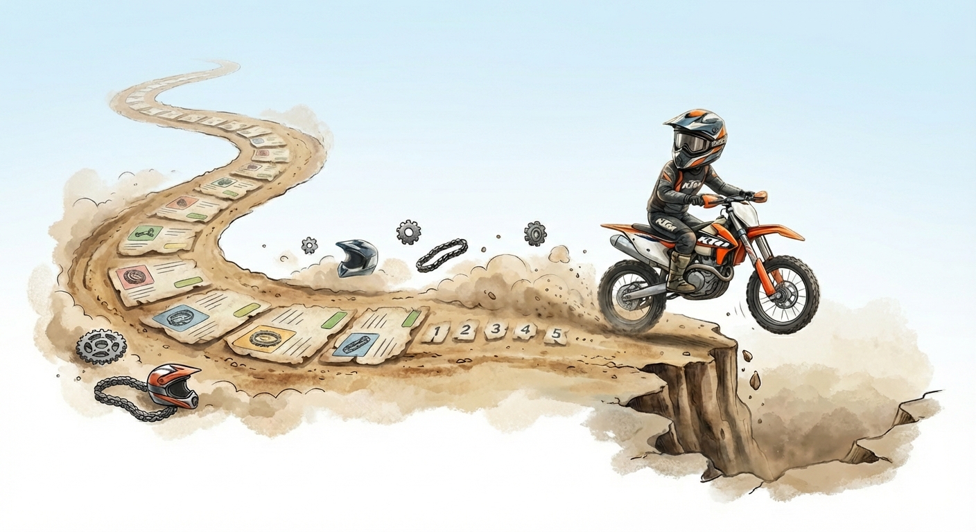 Illustration av en motorcyklist som nått slutet av vägen